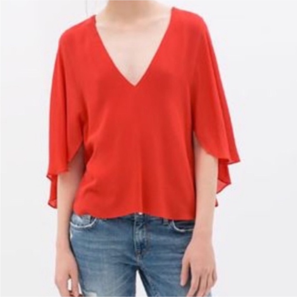 ZARA Coral Orange-Red Flowy V-Neck Cape Style Top - S